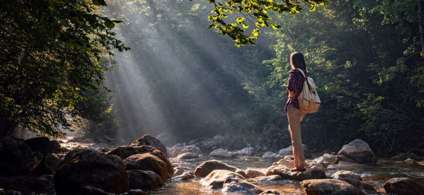 A,Woman,Explores,New,,Magical,,And,Fantastic,Places,Around,The